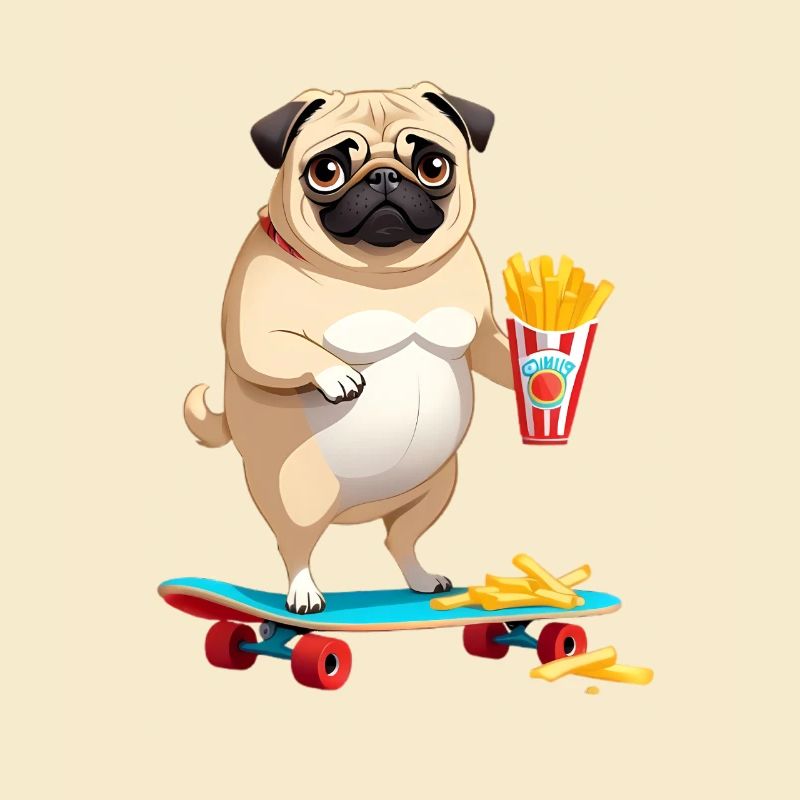 Pug auf Skateboard mit Pommes