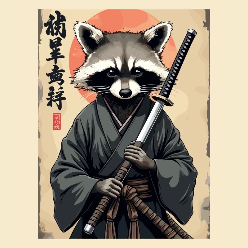 Waschbär Samurai im Kimono