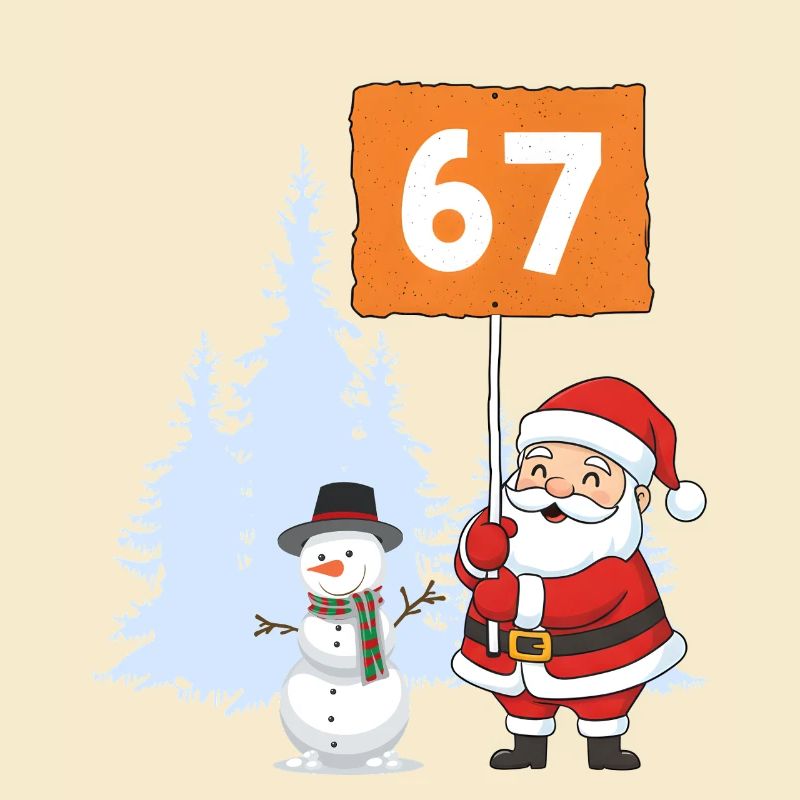 Santa und Schneemann mit 67 Schild