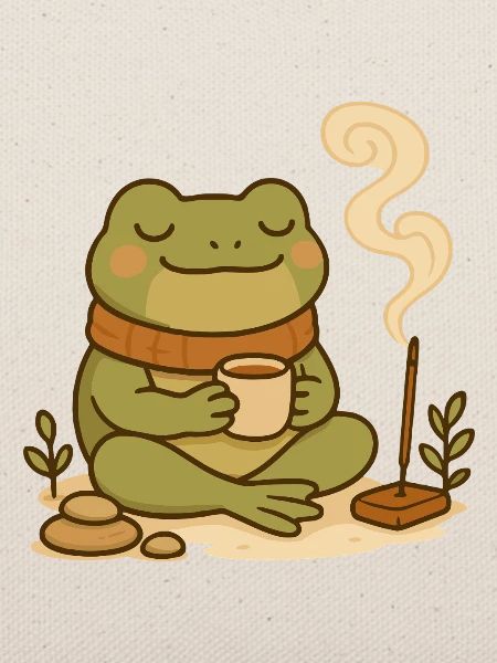 Achtsamer Frosch mit Tee & Räucherstäbchen