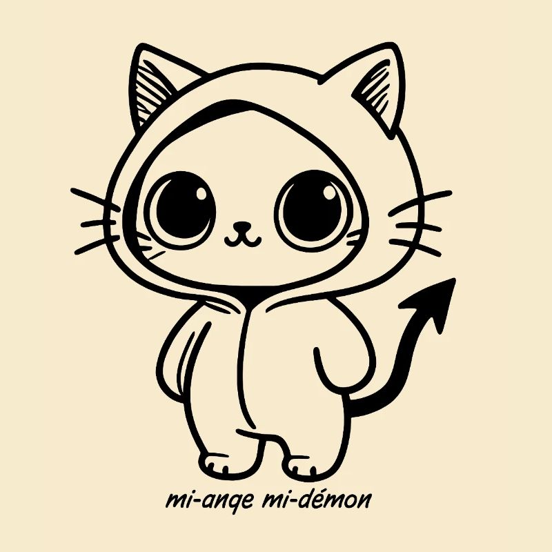 Kawaii-Katze im schwarzen Kapuzenpullover, halb Engel, halb Dämon