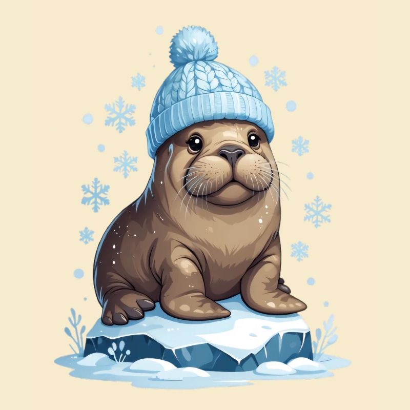 Winter-Seelöwe mit blauer Mütze