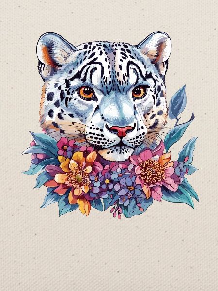 Leopardenkopf mit Blumenkranz