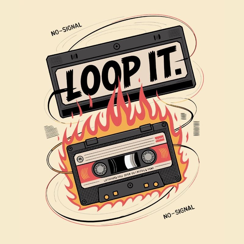 Retro cassette with "Loop It" flame design