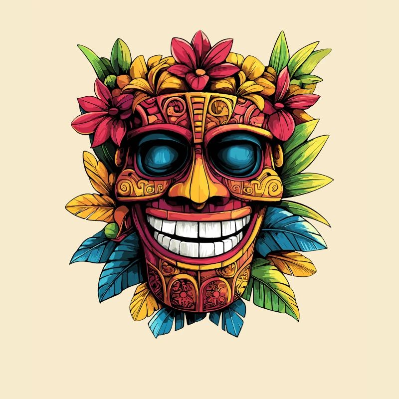 Tiki-Maske mit Blumenkranz