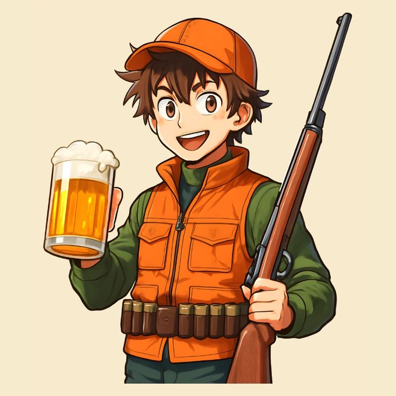 Jägerheld mit Bier und Flinte