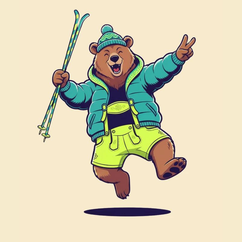 Feiernder Bär mit Skistöcken