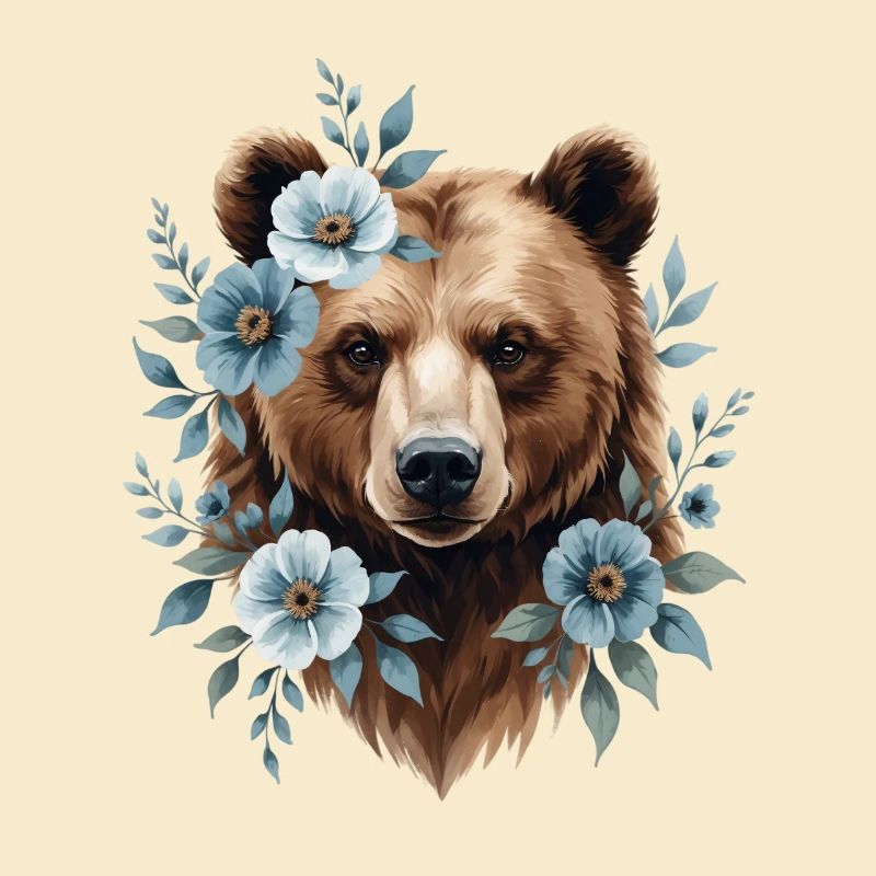 Bär mit blauen Blütenrahmen