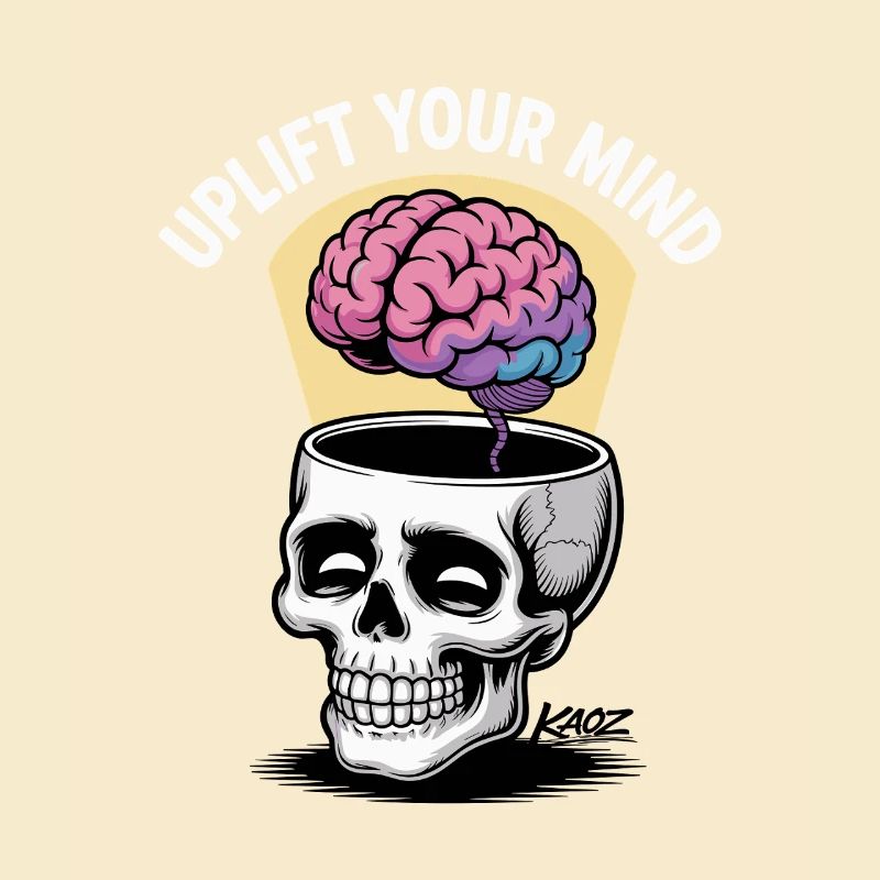 Totenkopf und schwebendes Gehirn, uplift your mind