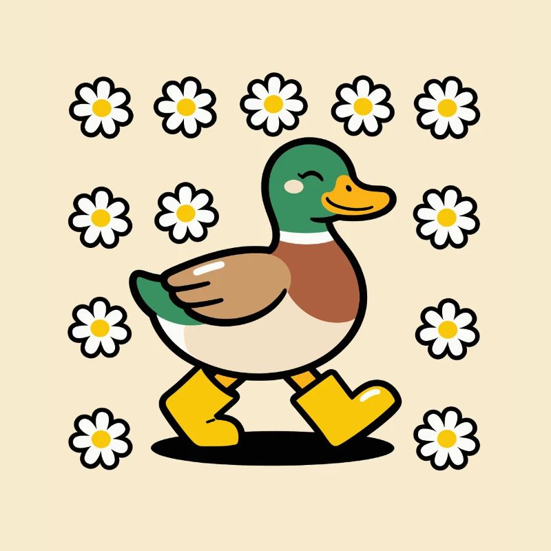 Cute Mallard Duck in Rain Boots Daisy Pattern