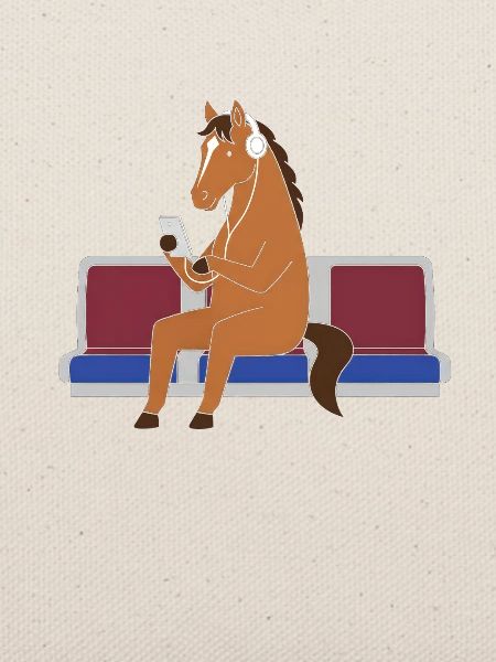 Pferd mit Kopfhörern in U-Bahn