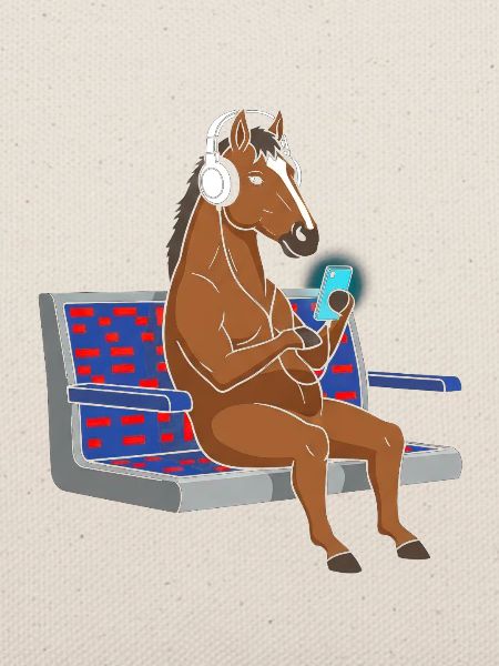 Pony mit Kopfhörern am Smartphone