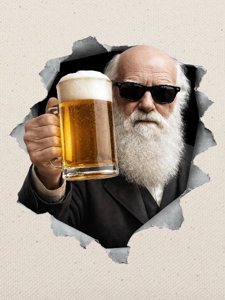 Charles Darwin hält ein Bier