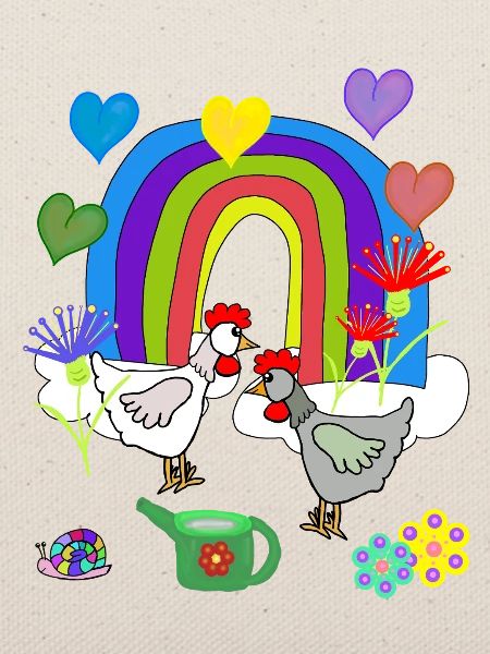 Kinder Fantasy Regenbogen Blumen Hühner 
