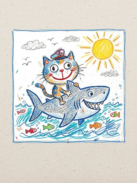 Katze reitet Haifisch