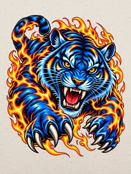 Blauer Tiger in Flammen