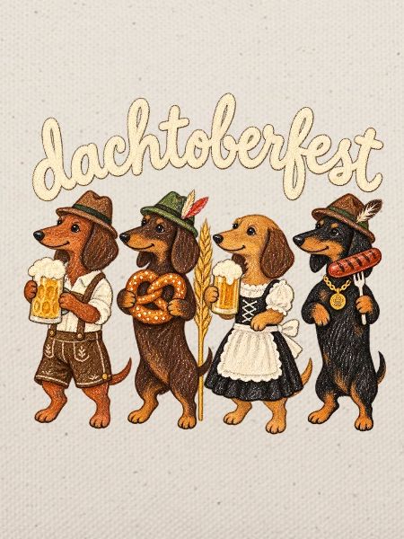 Dackel in Tracht mit Bier & Brezel