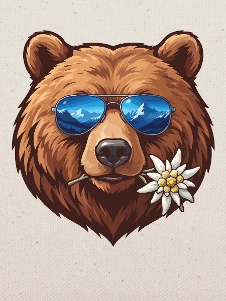 Bär mit Sonnenbrille mit Bergreflexion