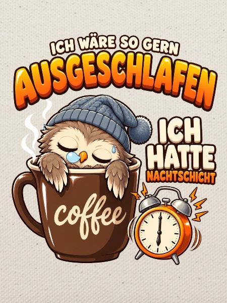 Nachtschicht: Müde Eule mit Kaffee