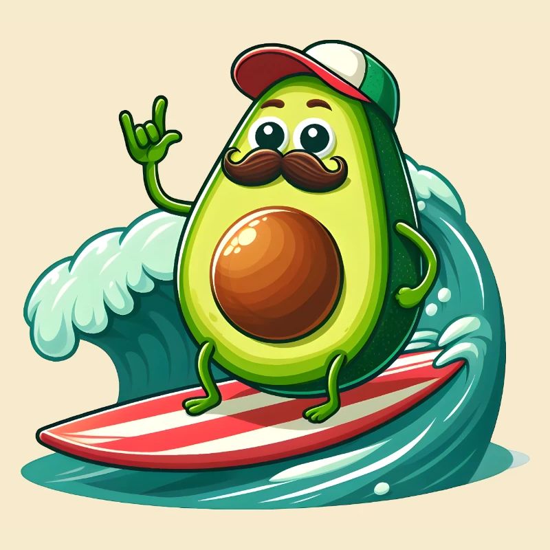 Surfende Avocado mit Schnurrbart
