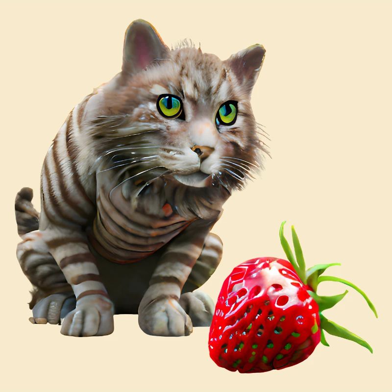Katze vor riesiger Erdbeere