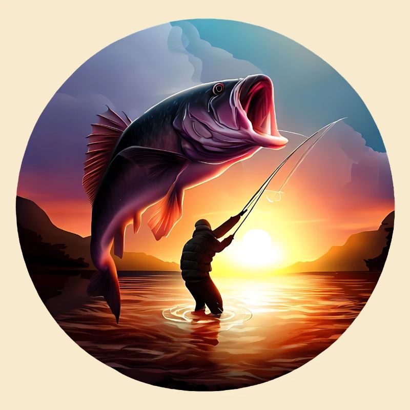 Pêcheur avec coucher de soleil de poisson géant