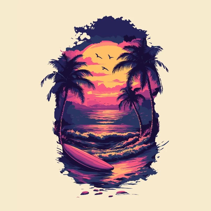 Planche de surf Sunset – Retro Palm Trees & Waves Design