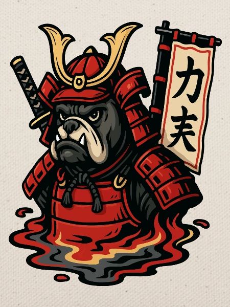 Samurai-Bulldogge in feuriger Rüstung