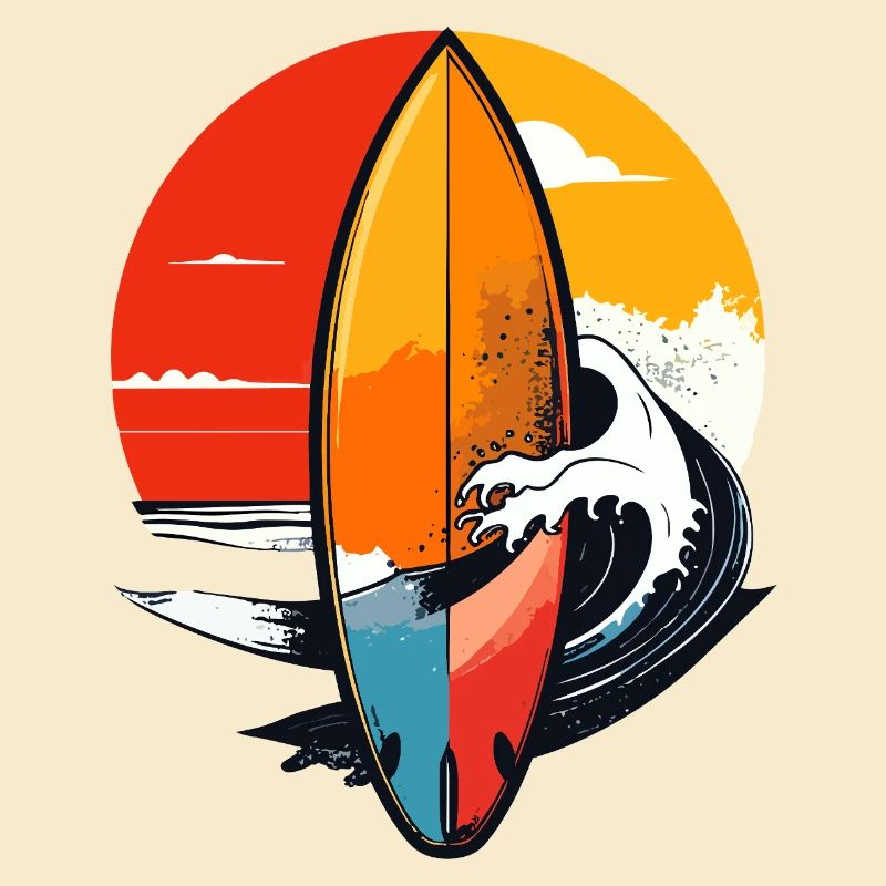 Motif surfeur de vagues rouges de coucher de soleil sur planche de surf