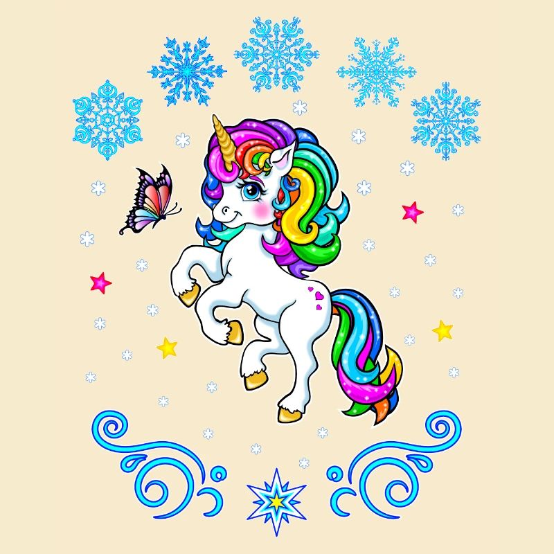 Winter buntes Einhorn mit Schneeflocken Regenbogen
