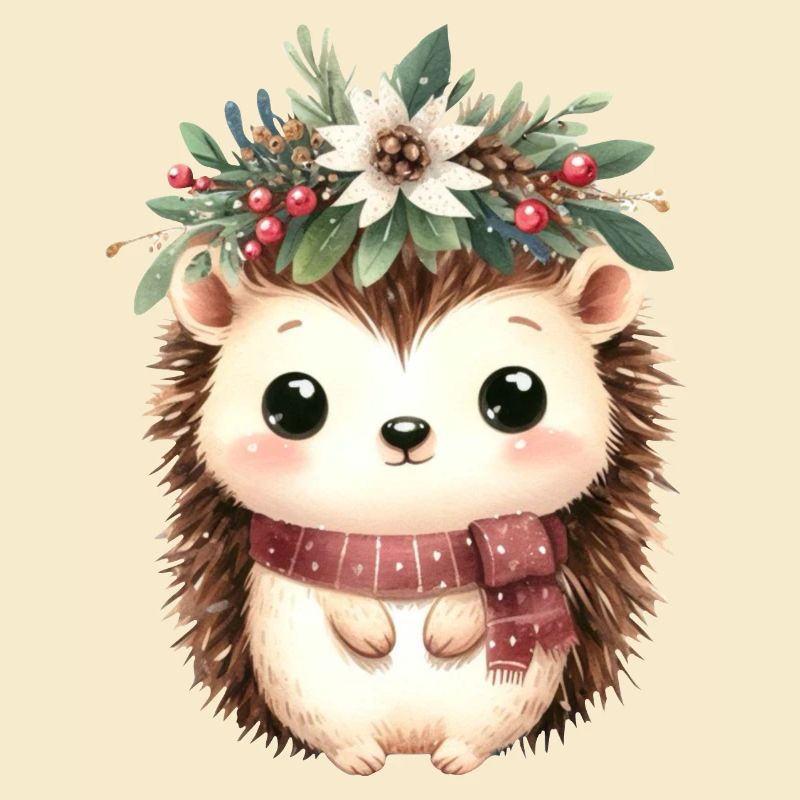 Hérisson mignon avec écharpe et couronne de Noël