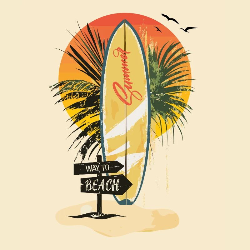 Surfboard Sunset – Palm Trees, Summer & Beach