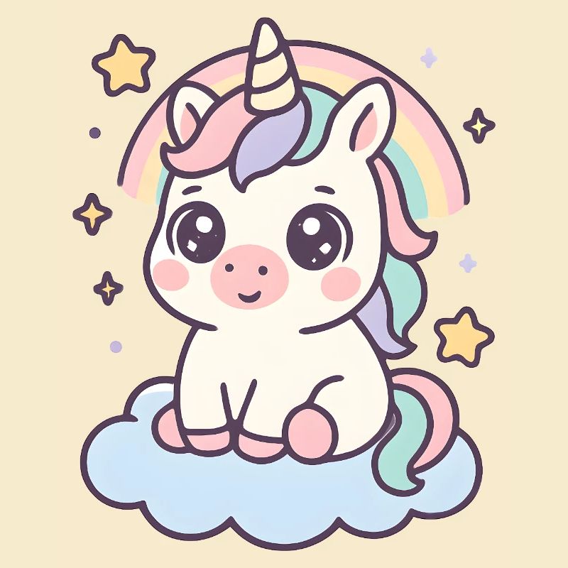 Kawaii Unicorn on Cloud with Rainbow Stars