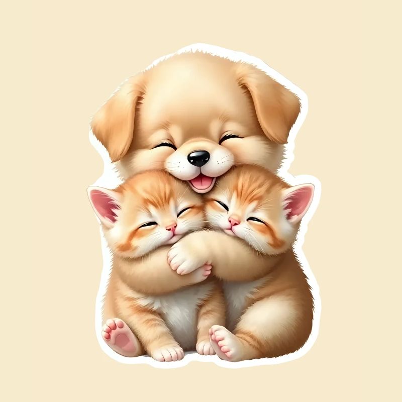 Little dog hugging two kittens