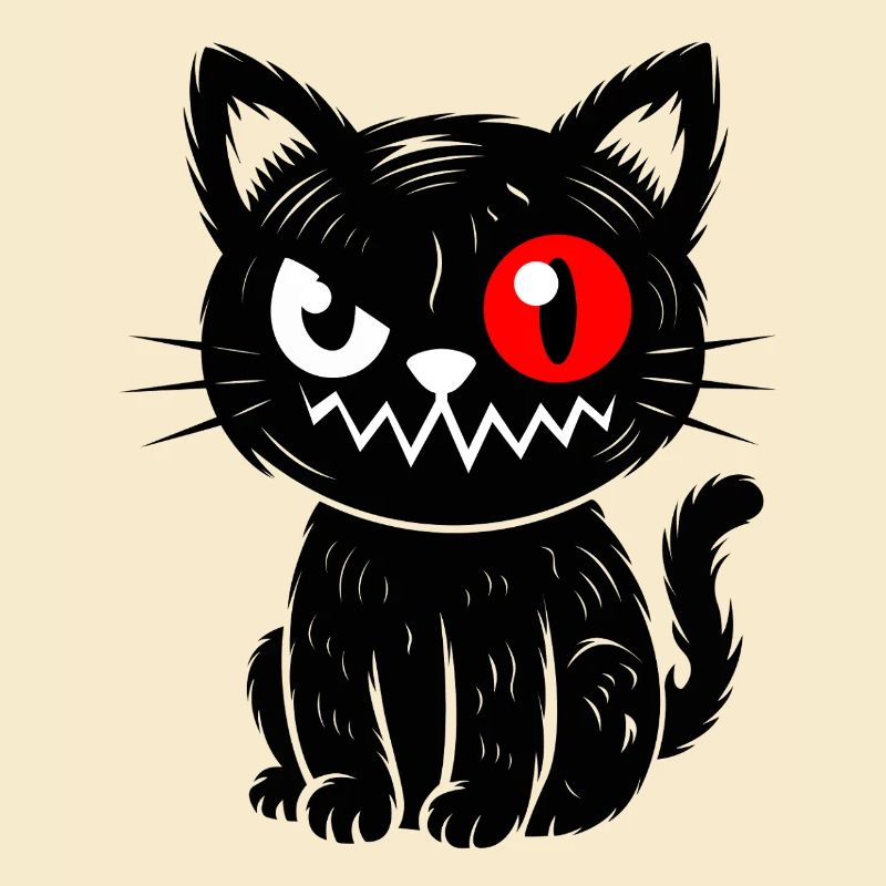 Schwarze Katze mit rotem Auge sitzend 