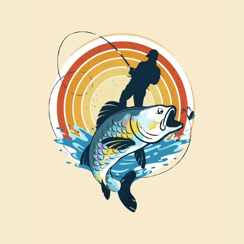 Pêcheur et poisson géant dans le cercle du soleil