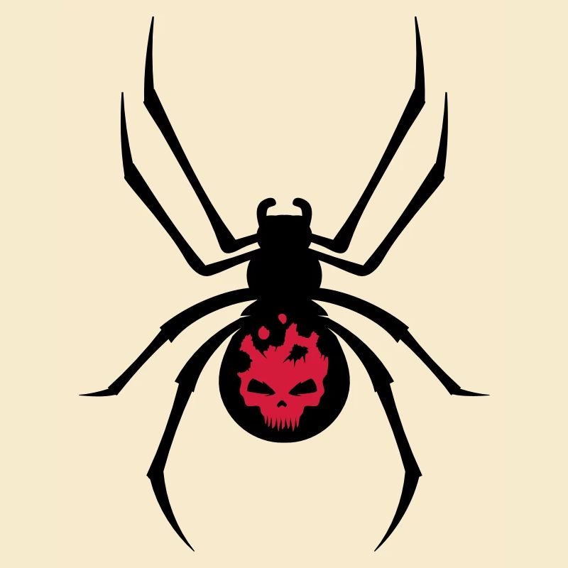 A black spider with red skull