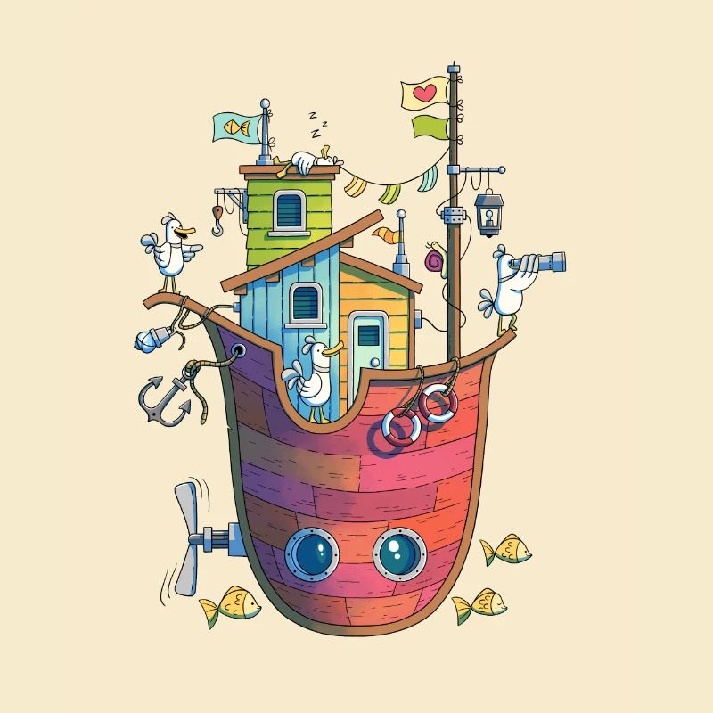 Vögel auf einem fliegenden Schiff