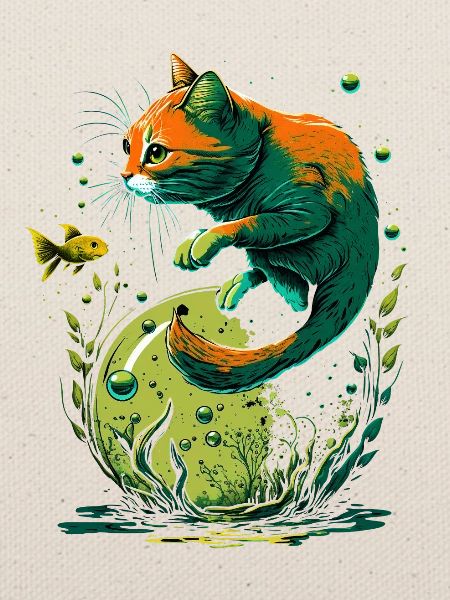 Fantasy Katze spielt mit Goldfischen