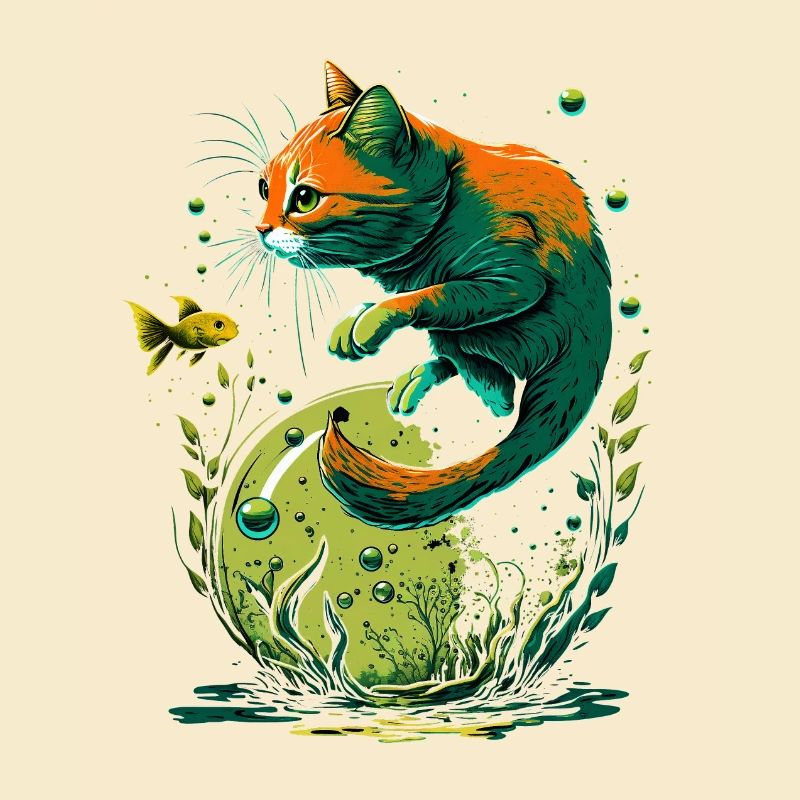 Fantasy Cat Playing with Gold Fish