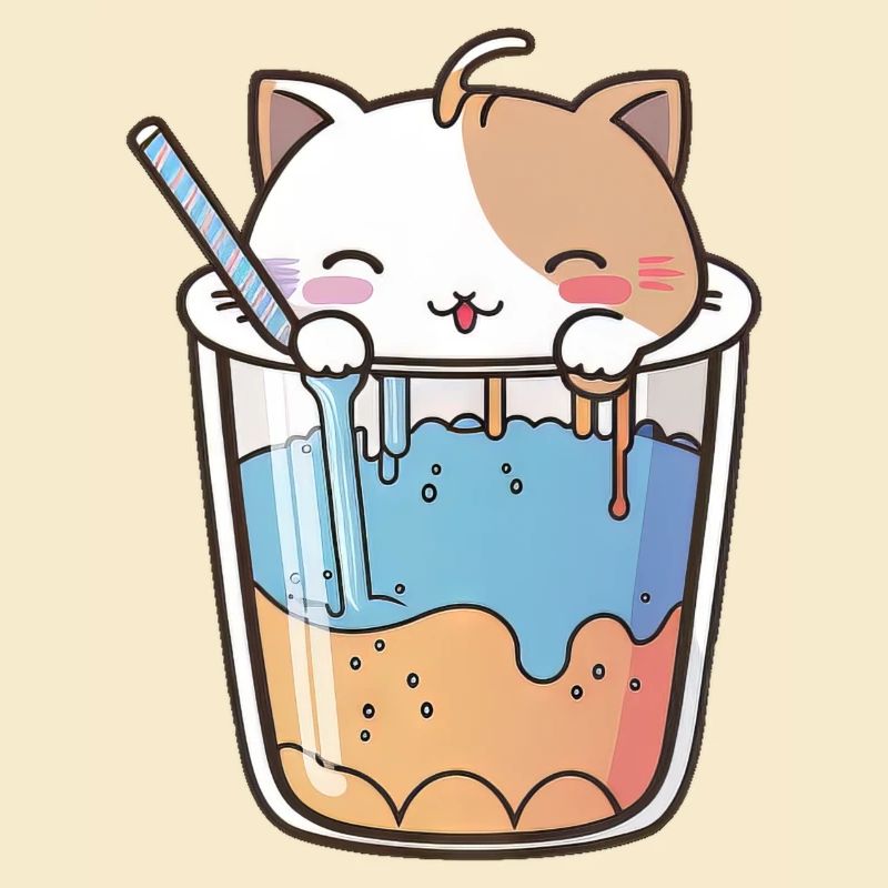 Kawaii Mignon Heureux Chat Coloré Buvant Bubble Tea