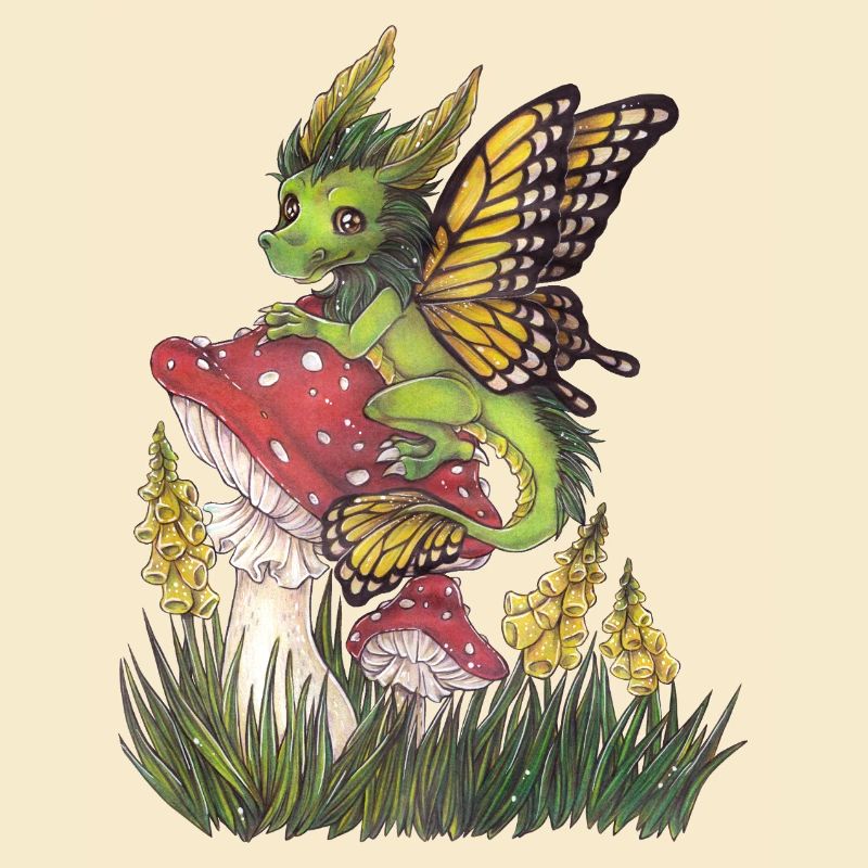 Forest Dragon on Toadstool Cute Butterfly