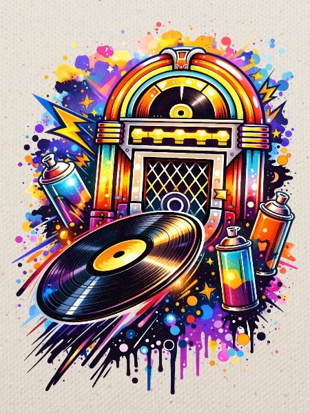 Bunte Jukebox im Graffiti-Style mit Schallplatte
