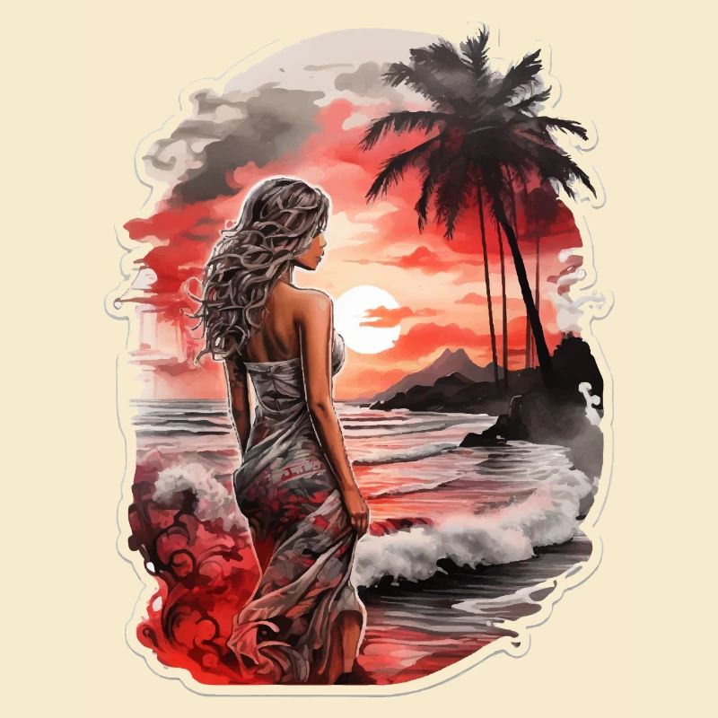 Femme sur la plage regardant le coucher de soleil rouge