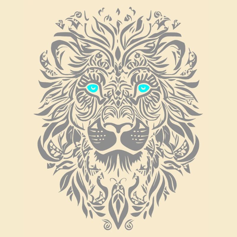 Silver lion with blue eyes and leaf pattern