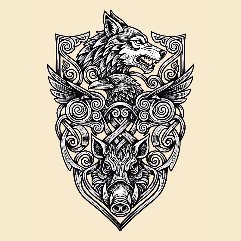 Wikinger-Totem: Wolf • Rabe • Wildschwein
