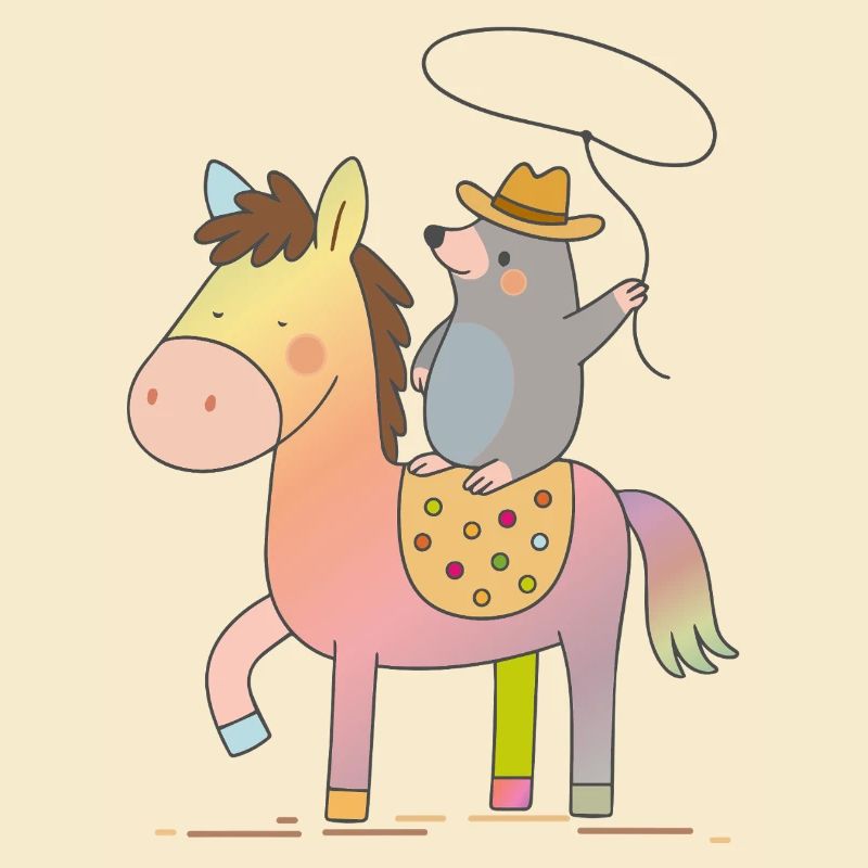 Fröhlicher Maulwurf reitet auf buntem Pferd