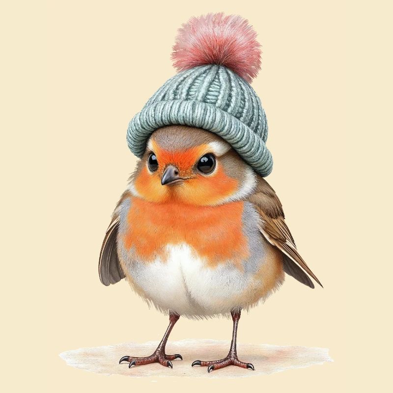 Robin in Strick-Wintermütze
