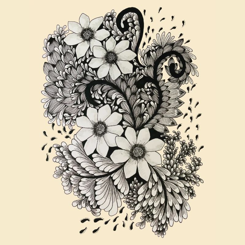 Tourbillons de fleurs noires et blanches