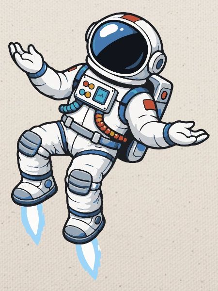 Schwebender Comic Astronaut mit Raketenantrieb